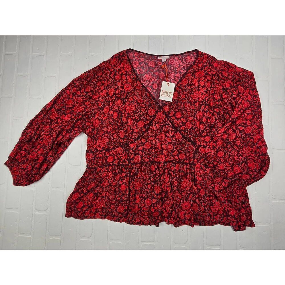 Knox Rose Floral V-Neck  Balloon Sleeve Blouse 4X